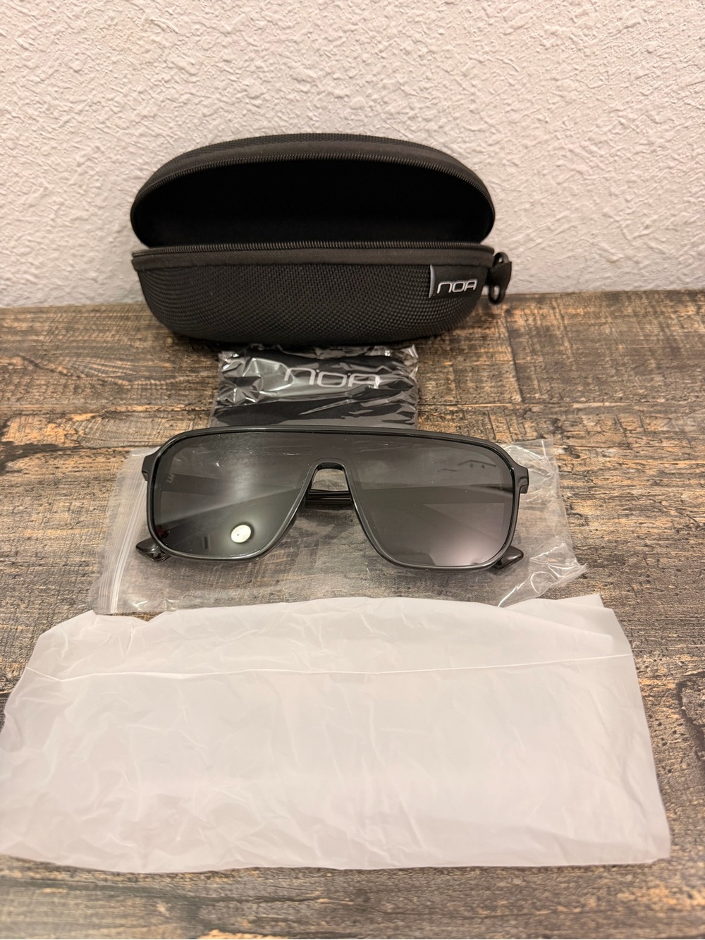 NOA Men's Square Sunglasses Black Frame & Lens with Case and Cleaning Cloth
